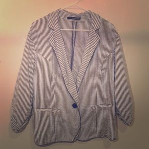 White and blue striped blazer