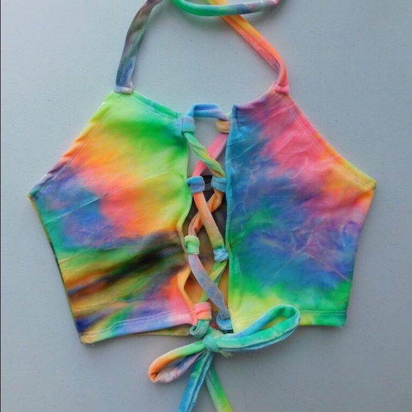 *SOLD* 🌈 Rainbow Tie-Dye Lace Up Halter Top ✨