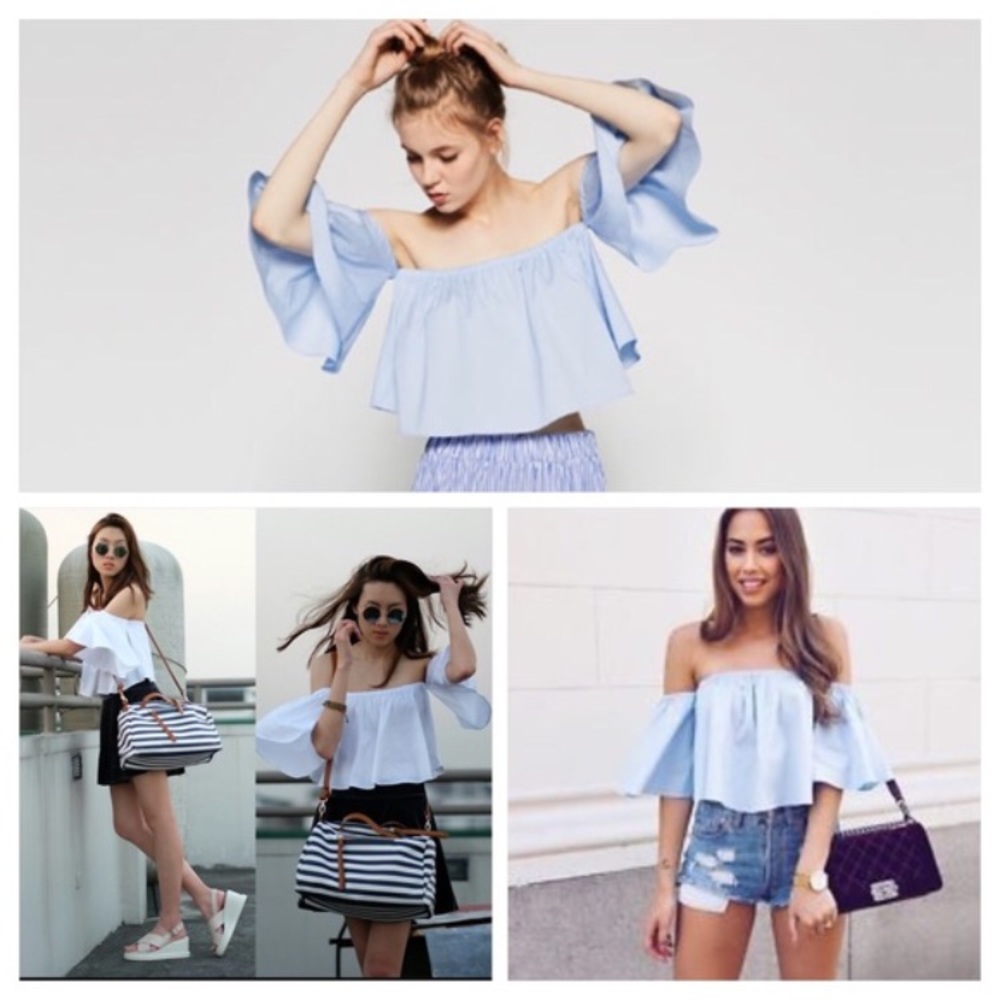 Zara off the shoulder top sky blue XS new sold out - Picture 1 of 5
