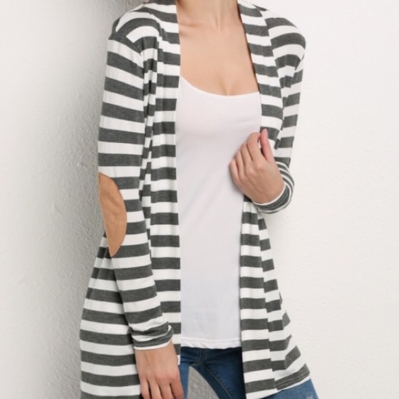Striped Cardigan With Vegan Suede Elbow Patches - Picture 2 of 6