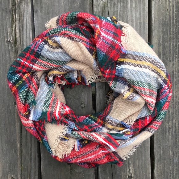 New! Plaid Camel and Red Tartan Blanket Scarf - Picture 2 of 3