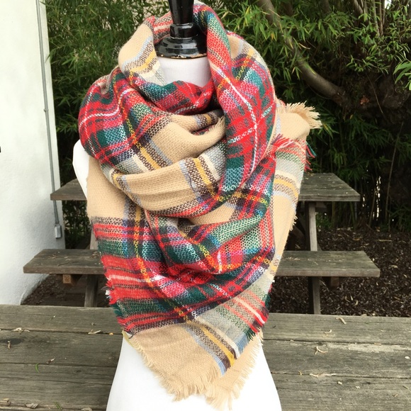 New! Plaid Camel and Red Tartan Blanket Scarf - Picture 3 of 3