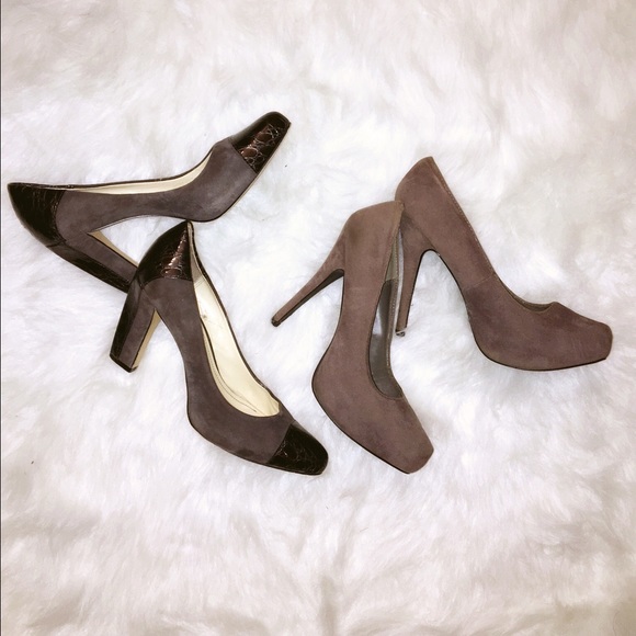 Gray faux suede pumps & patent leather/gray pumps