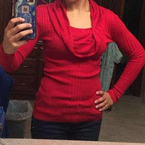 Red sweater with a cowl neck