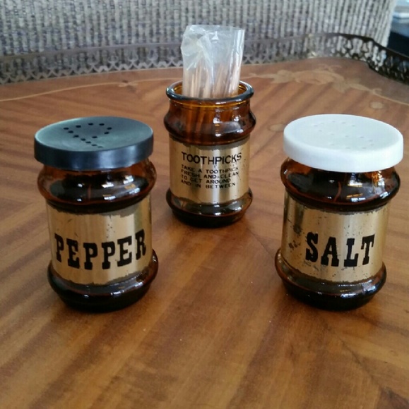 Vintage amber glass, salt, pepper and toothpick