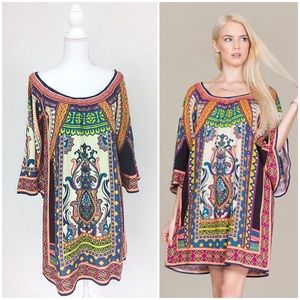 Cute Scarf Print 3/4 sleeve Dress Small