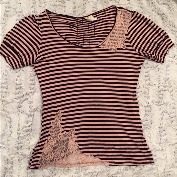 PINK AND BLACK SHEER LACE STRIPE TOP