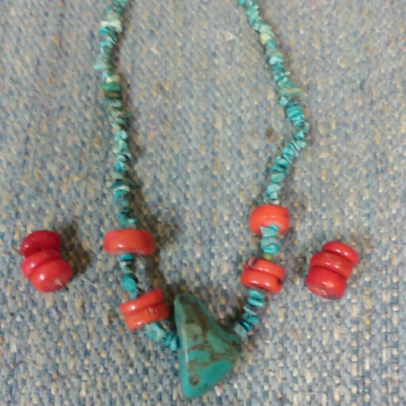 Zuni turquoise and coral necklace and matching ear