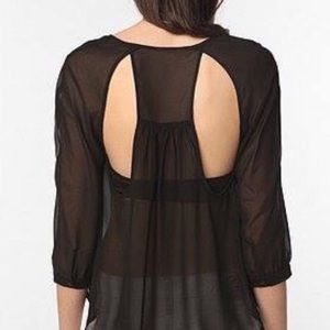 Sparkle & Fade black sheer high low cutout shirt
