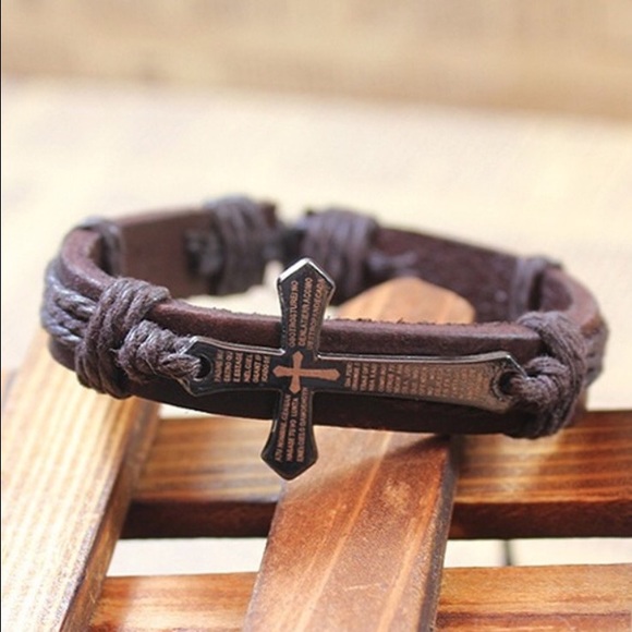 Ashley Bridget Jewelry - BROWN Alloy Cross Charm&Leather Bracelet/Wristband