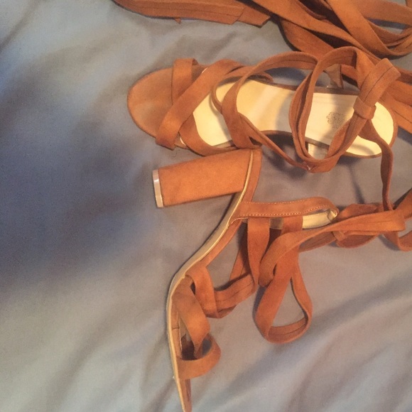 Tan suede, knee high lace up heels. - Picture 2 of 3