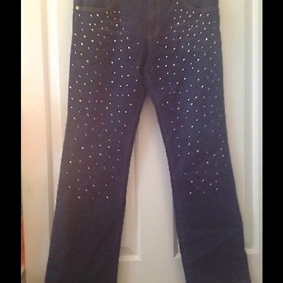 Rhinestones/Gold Studs Accented Bling Denim Jeans - Picture 1 of 2