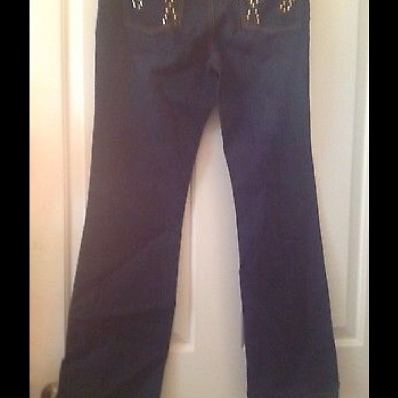 Rhinestones/Gold Studs Accented Bling Denim Jeans - Picture 2 of 2