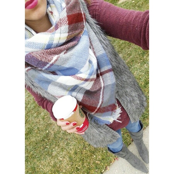 Boutique Accessories - Lt. Blue Brick Tartan Plaid Oversize Blanket Scarf