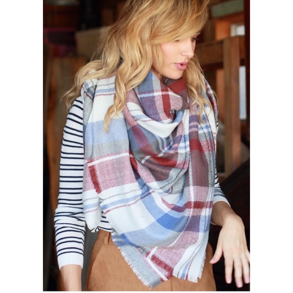 Lt. Blue Brick Tartan Plaid Oversize Blanket Scarf - Picture 3 of 3