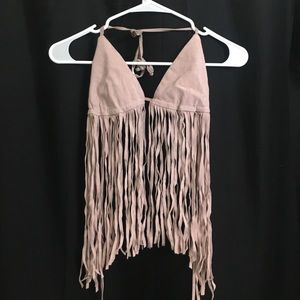 nwt dusty pink suede fringe crop top