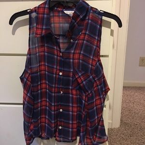 Red , white , blue plaid sheer tank top