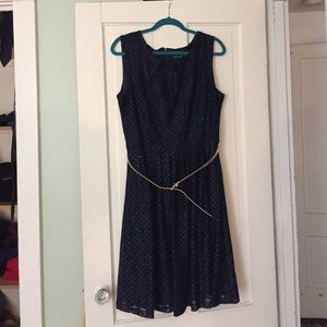 Ellen Tracy Navy/Gold Dots Lacy Dress - Worn Once!