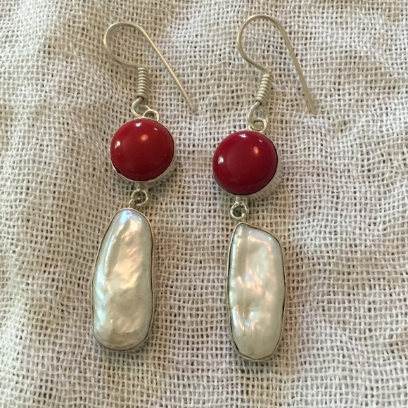 Sterling coral freshwater pearl earrings NEW