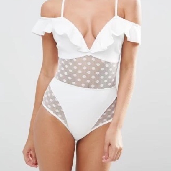 Asos Other - ASOS Frill Dot Mesh White Swimsuit