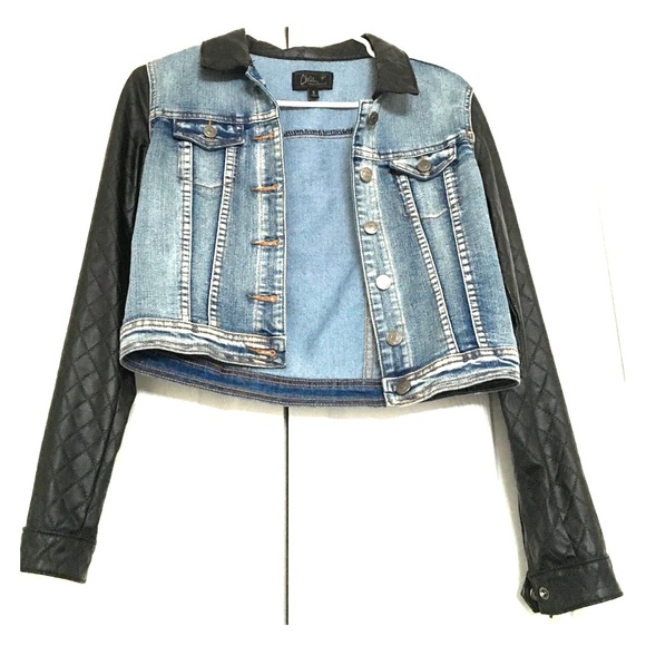 Denim jacket with quilted faux leather sleeves!