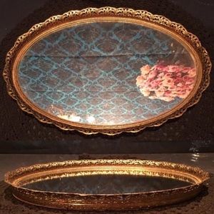 Vintage Metal Frame Filigree Vanity Tray Mirror