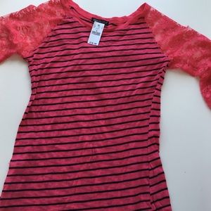Wet seal Pink Striped shirt w lace half sleeve