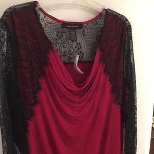 Red & Black Lace Scoop Neck Blouse