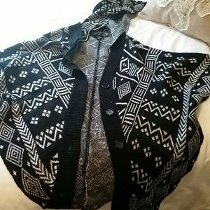 Open front button up hooded  sweater poncho