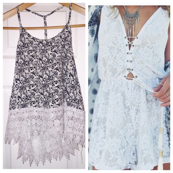 LF lace romper and LF B&W patterned tank top