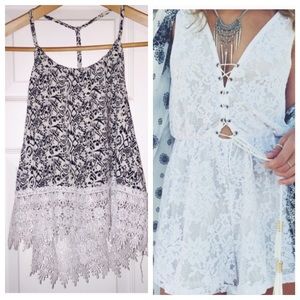 LF lace romper and LF B&W patterned tank top