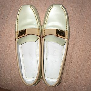 Metallic white and beige Louis Vuitton loafers
