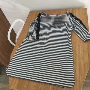 Blue and white striped shift dress