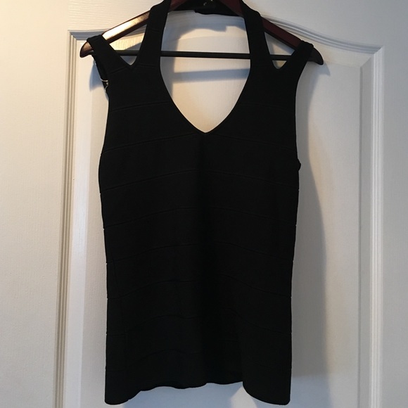 Cache black halter top with gold chain detail