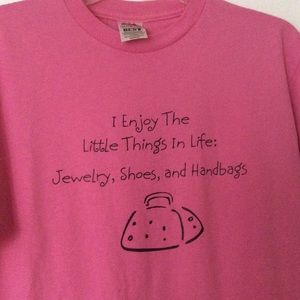 Cute pink t-shirt--jewelry, shoes, handbags