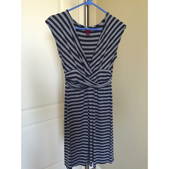 Navy/Grey Striped Faux Wrap Dress