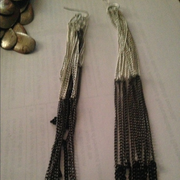 Long black and grey strand earrings