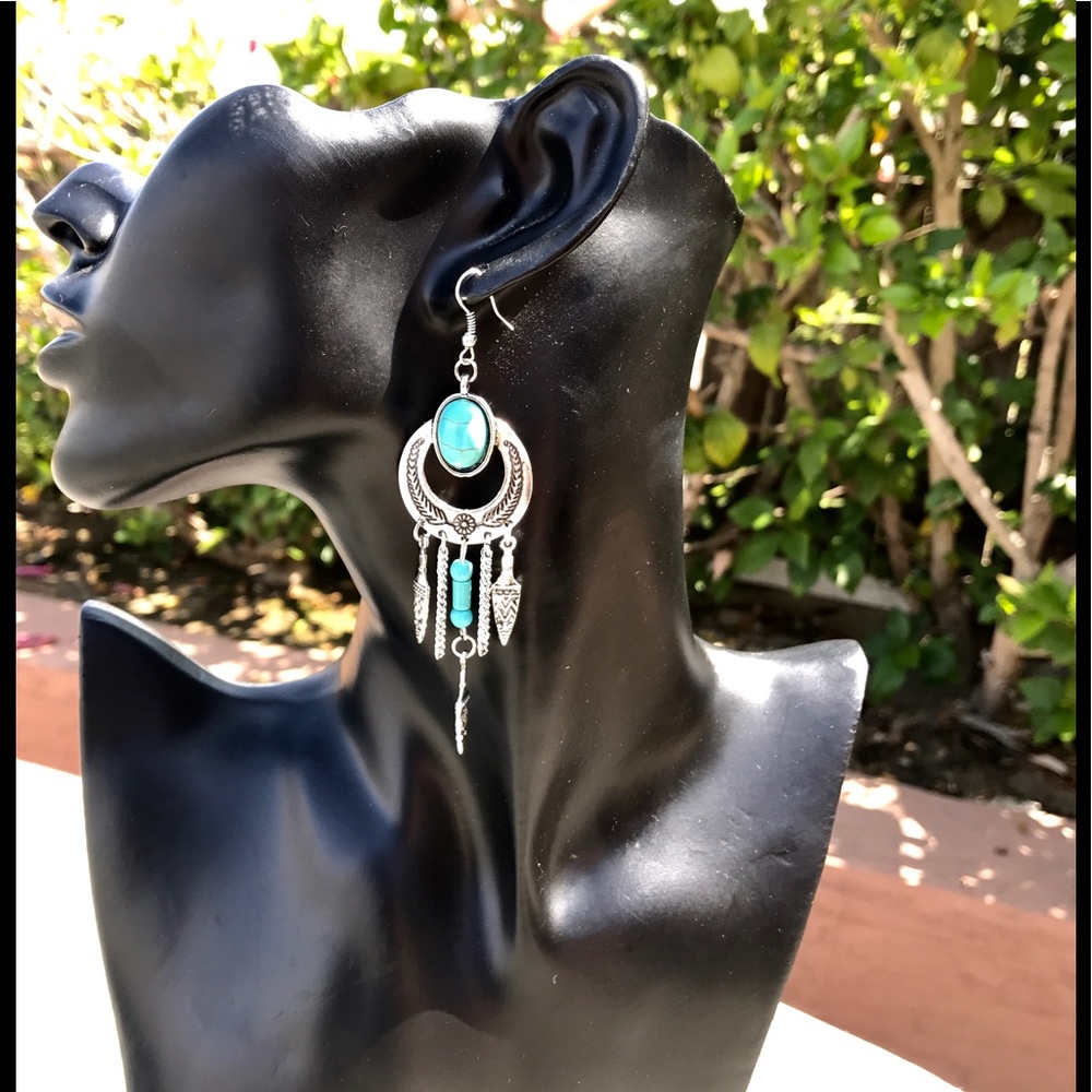 Bohemian Dangle Earrings in Vintage Gold Turquoise - Picture 6 of 7