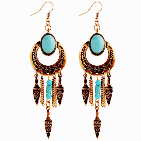 Bohemian Dangle Earrings in Vintage Gold Turquoise - Picture 4 of 7