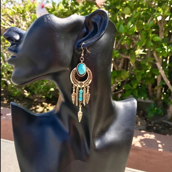 Jewelry - Bohemian Dangle Earrings in Vintage Gold Turquoise