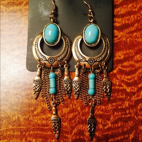 Bohemian Dangle Earrings in Vintage Gold Turquoise - Picture 5 of 7