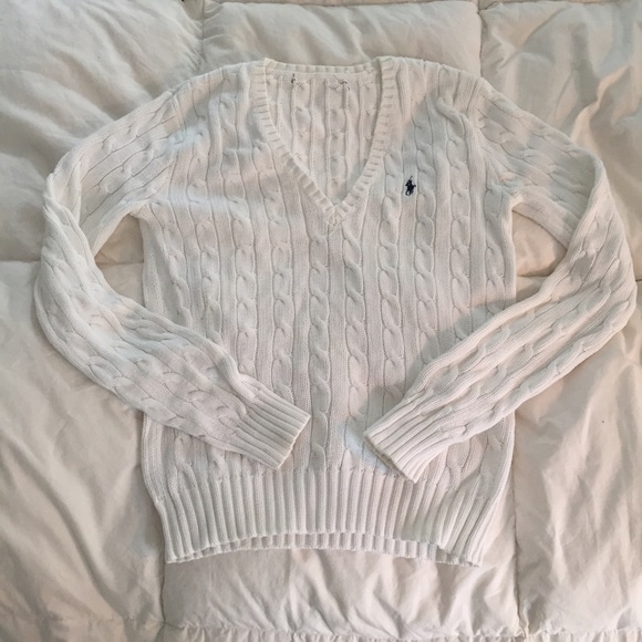 White Ralph Lauren V-neck Cable Knit