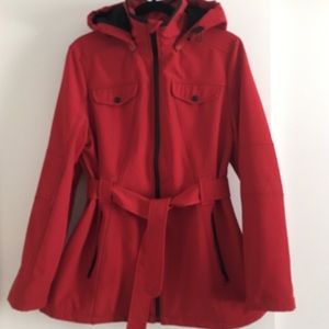 London Fog lined, belted, red rain coat with hood