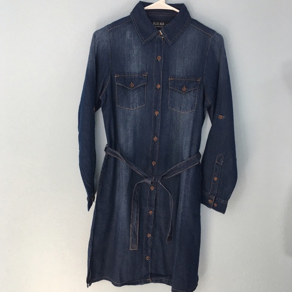Denim Dark Wash Shirt Dress w/ Belt - Picture 2 of 4