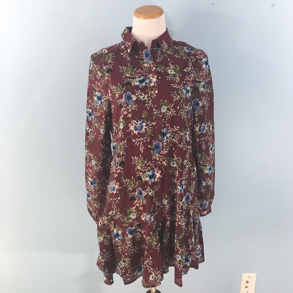 Burgundy Floral Button Down Drop Waist Shirt Dress - Picture 2 of 2