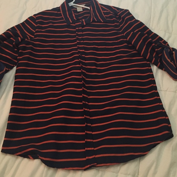 Macys silk buttonup blouse. Size L. Navy w/ orange