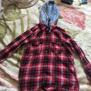 large red/white/black hooded plaid shirt
