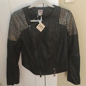 Haute Hippie Black Leather Studded Moto Jacket, S