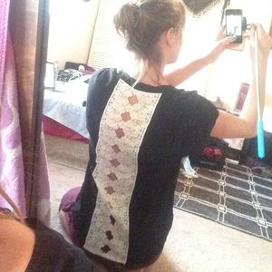 Long black top with ivory lace back-cutout