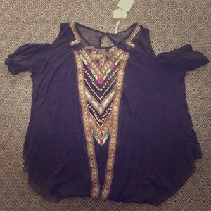 Free People embroidered black top